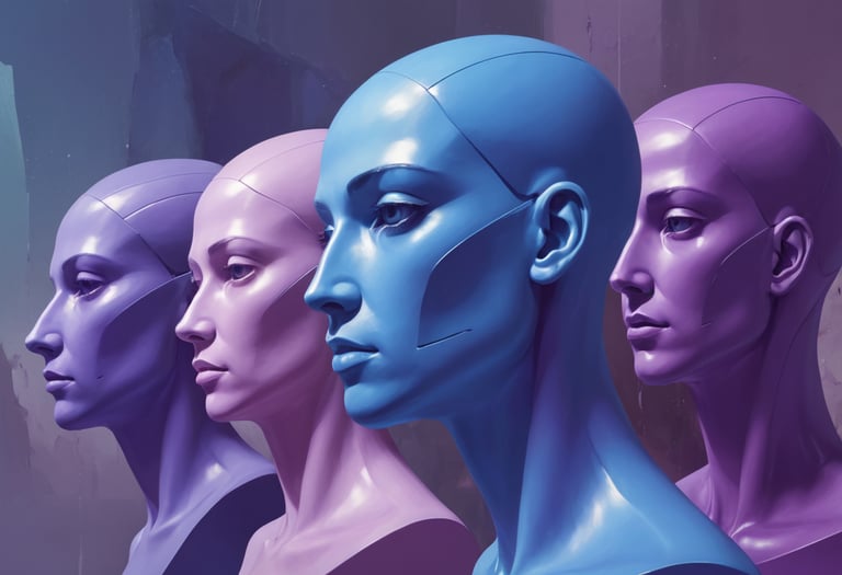 A blue, pink and purple group of human head statues.