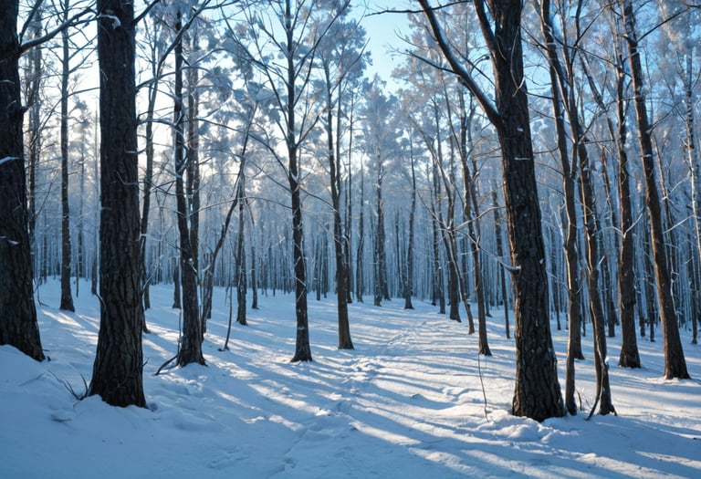 A forest with snow on the ground and on the trees.