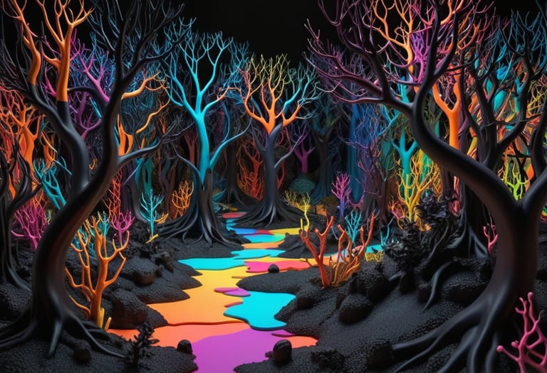 A colorful night inside a forest with a small river