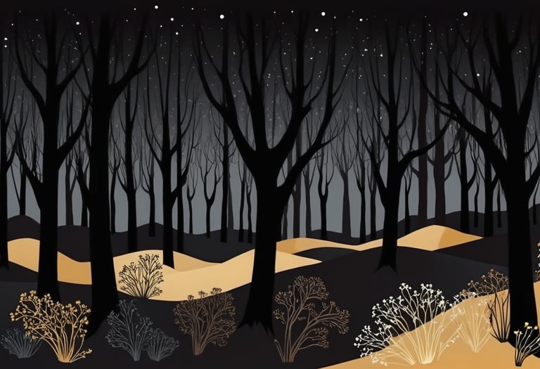 A dark forest without leaves on the trees.