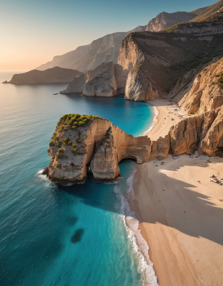 A beach shoreline with rocky cliffs