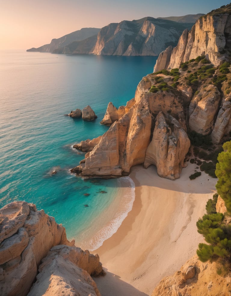 A beach shoreline with rocky cliffs
