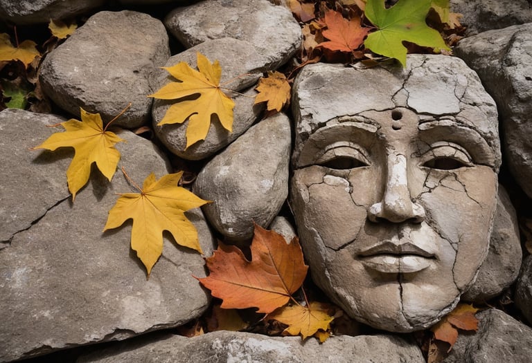 A mask carved into a rock with leaves around it.