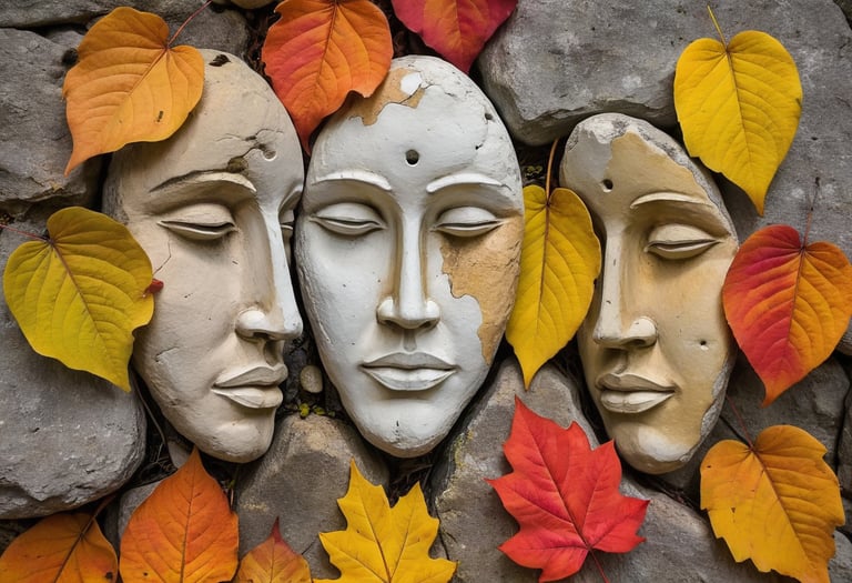 Three masks sitting on a rockface with leaves.