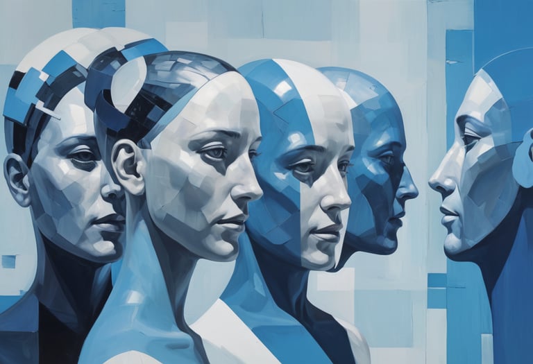 A painting of a group of blue and grey people standing.