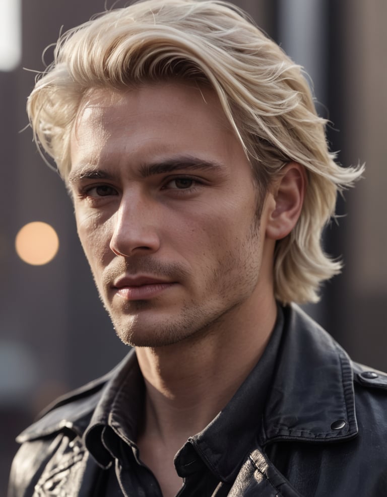 A man with blond hair wearing a black jacket