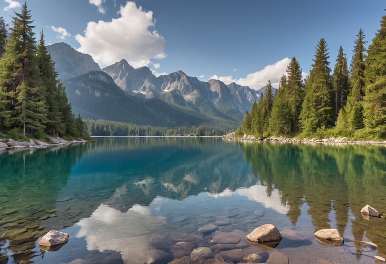A lake, pine trees and mountains in the background