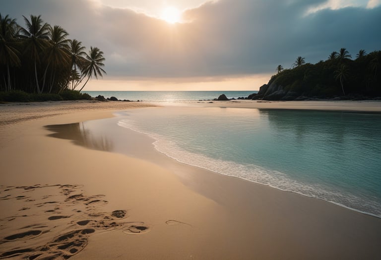 Sun behind the clouds on a beach.