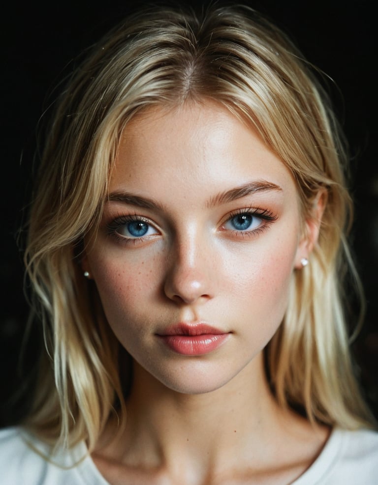 A woman with long blond hair and blue eyes
