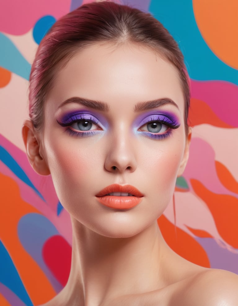 A woman wearing makeup standing against a colored wall