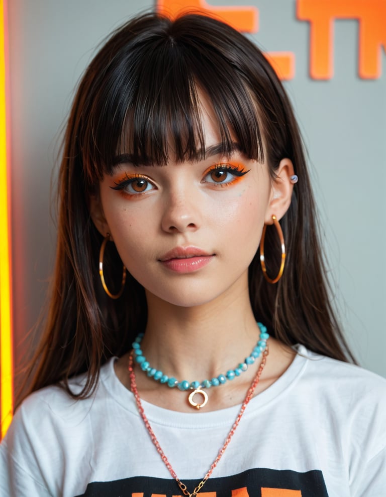 A girl with long black hair wearing a white t-shirt