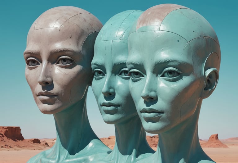 Three human heads on a stand in the desert.