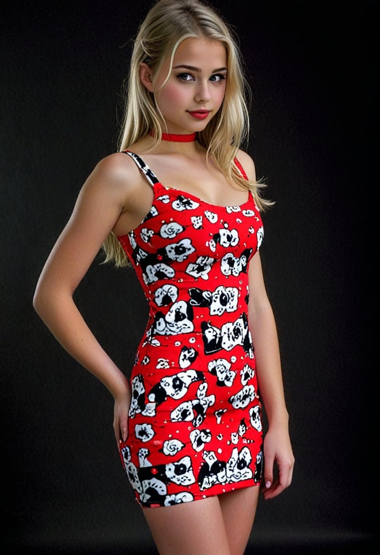 Woman in a short red and white floral dress.