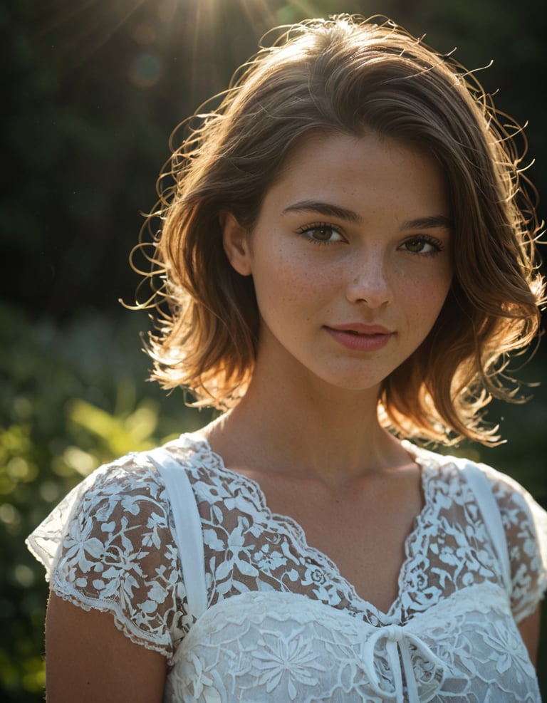 A woman wearing a white lace dress, short brown hair.