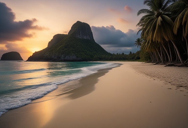 Sun setting behind a hill on the beach.