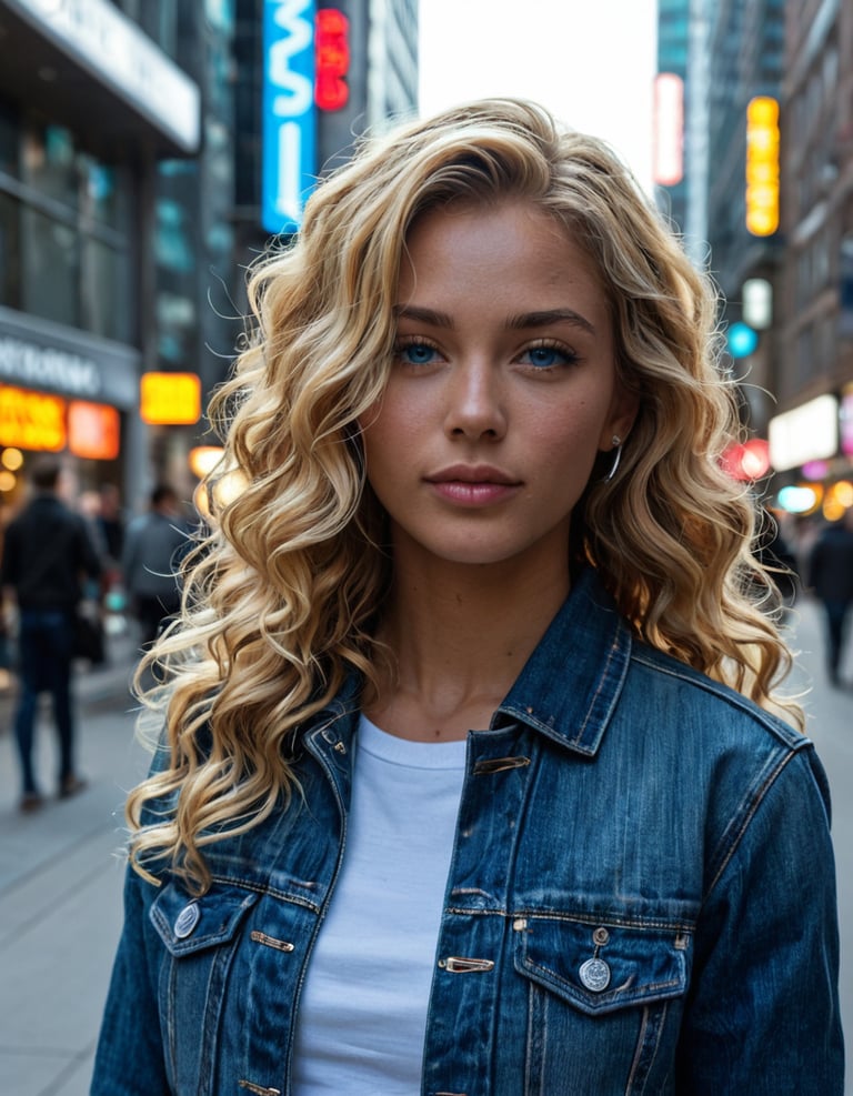 A woman with curly blond hair wearing a denim jacket