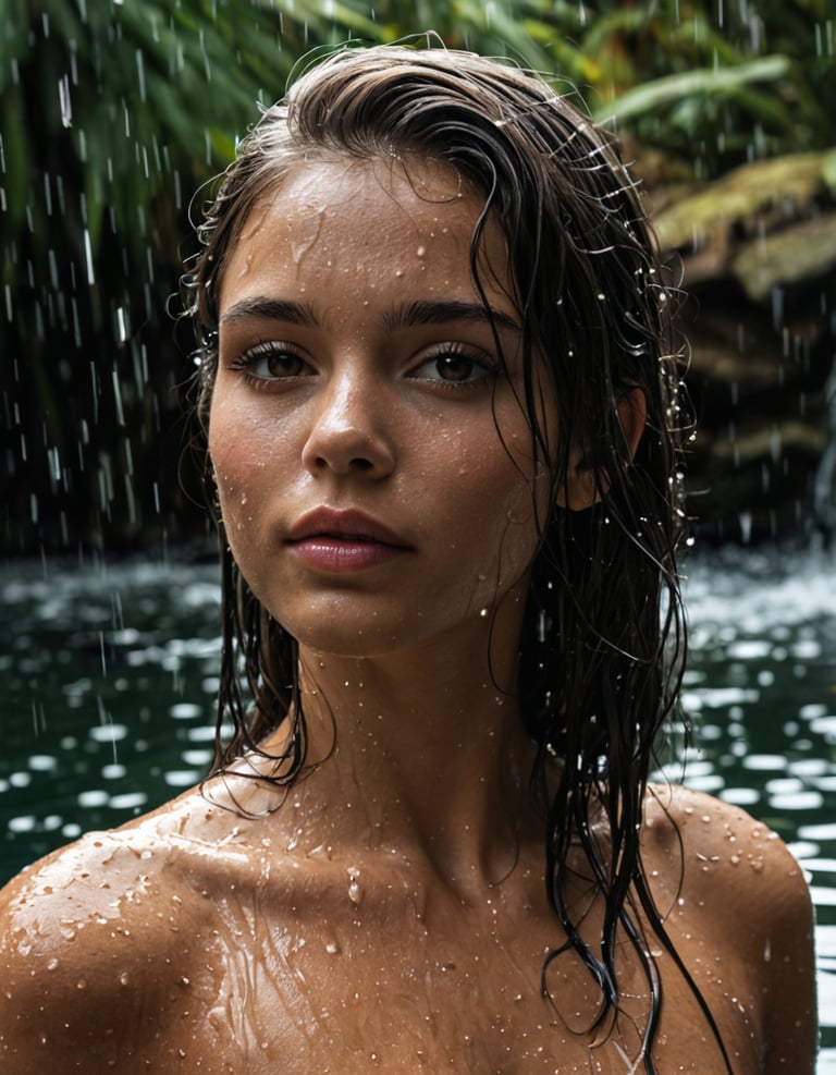 A woman with wet hair and rain water on her face.