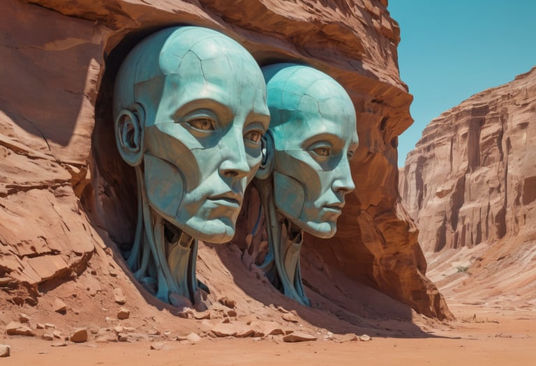 two blue human looking heads on a rock wall