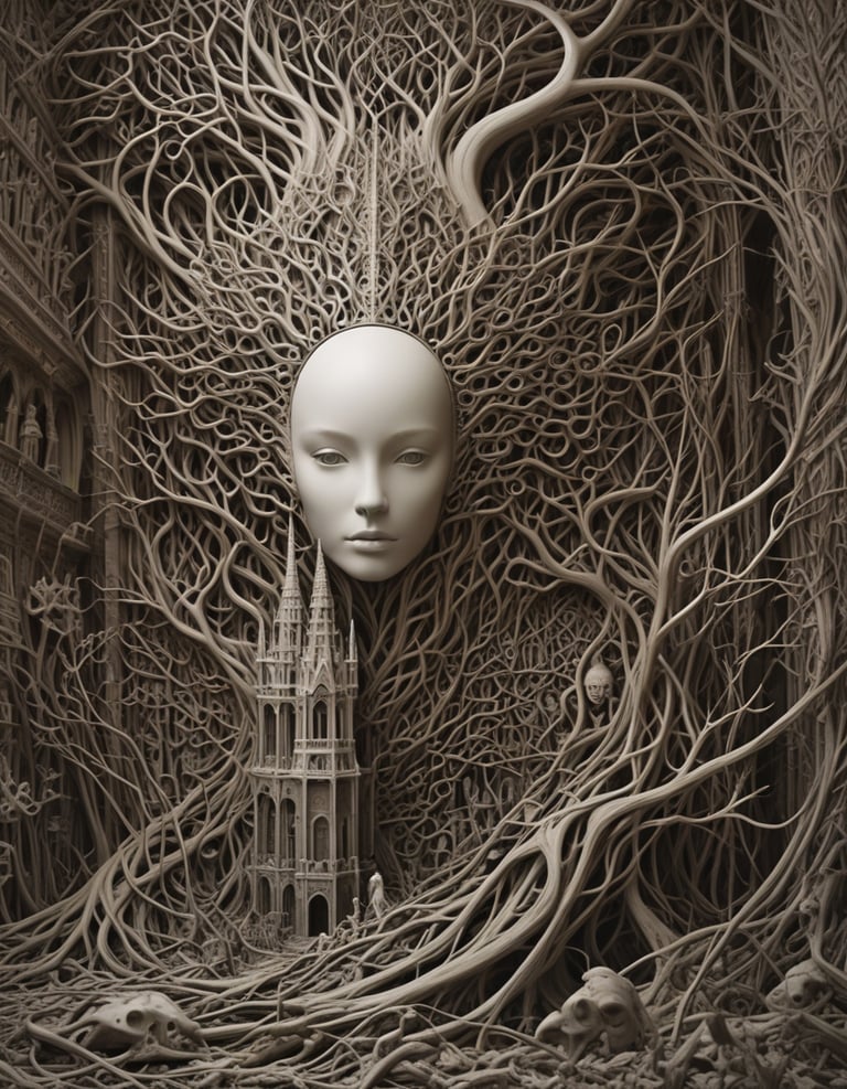 An abstract image of tree branches and a white mask