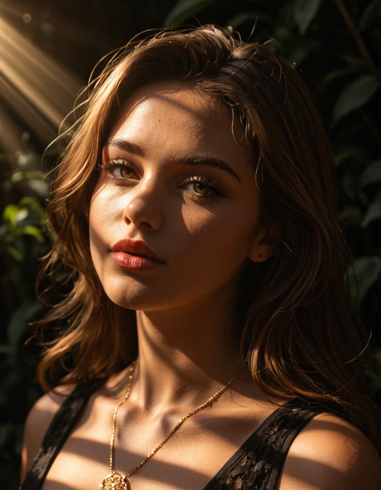 A woman in a dark forest illuminated by sunlight.