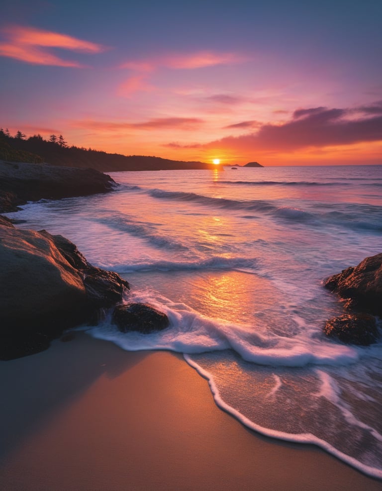 A deserted beach with rocks and a sunset