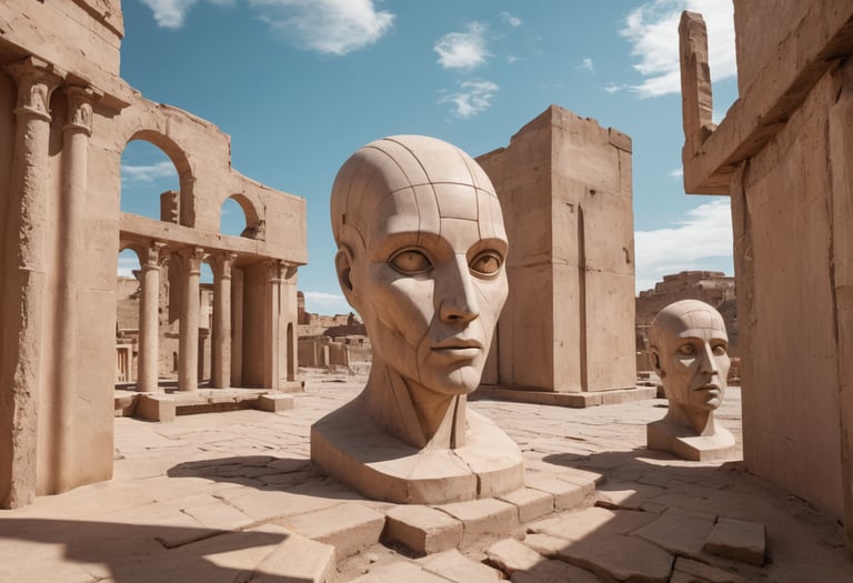 Two abstract human heads on a stand made from rock