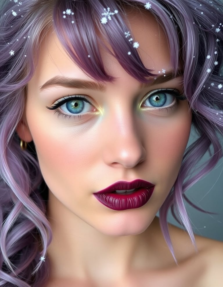 A woman's face with green eyes and purple hair