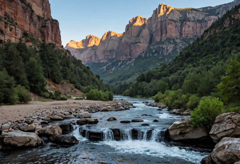 A view of the grand canyon and river with sunrise.
