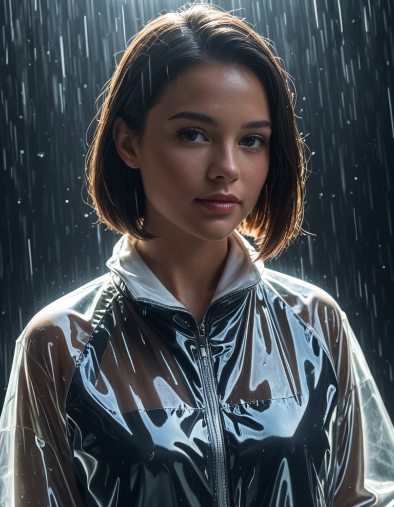A woman with short hair wearing a raincoat in the rain.