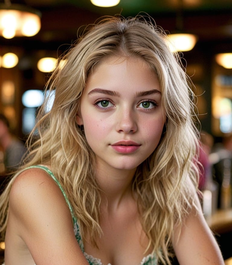 A blonde woman sitting at a bar.