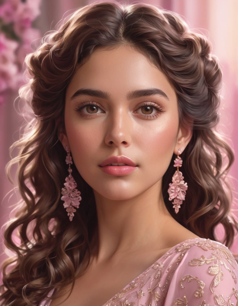 A woman with curly brown hair and wearing a pink lace top.