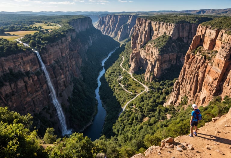 A view over a grand canyon with river below.