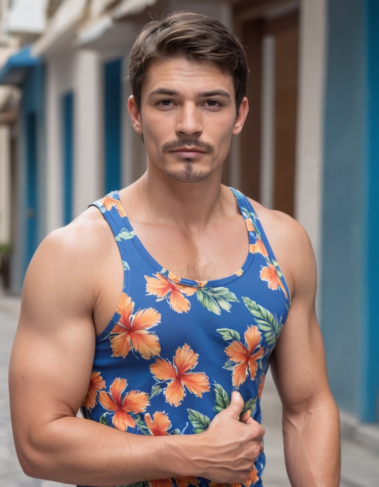 A muscular man wearing a floral t-shirt standing on street.