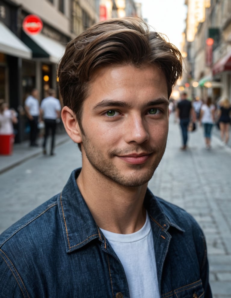 A man wearing a blue jean jacket in the street