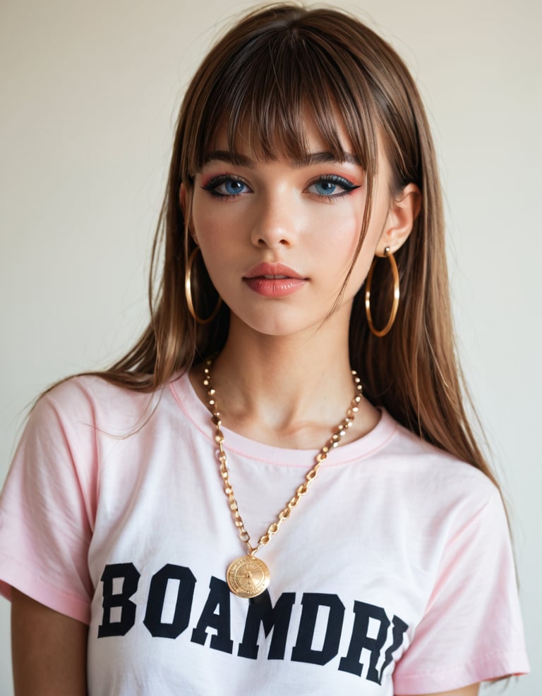 A woman with long brown hair wearing a white t-shirt