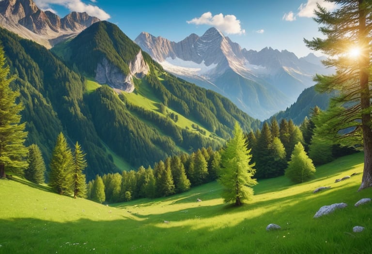 A forest valley with alpine mountains in the background.