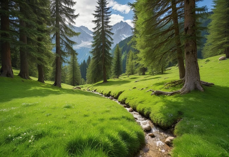 A small creek running through a forest valley with green grass..