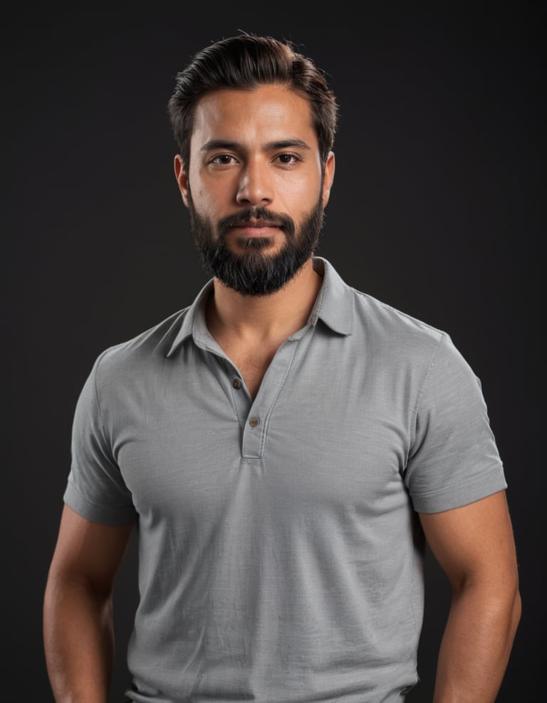 A man with a beard wearing a grey t-shirt