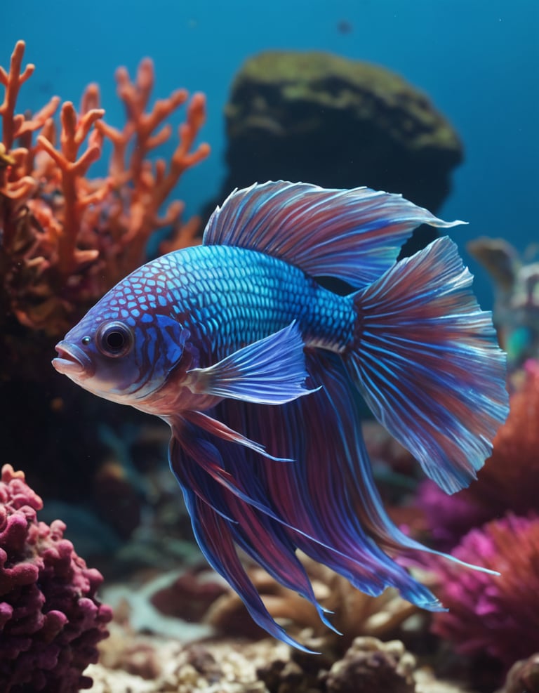 A blue fish in a reef of coral