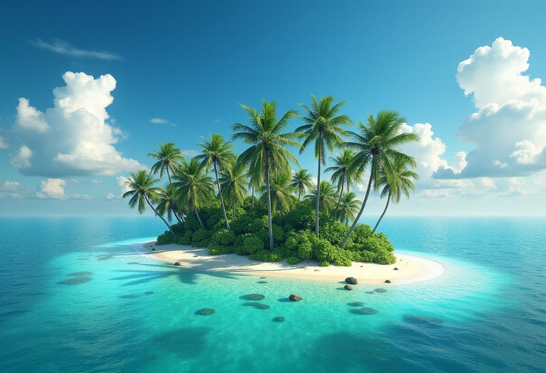 An island in the ocean with coconut trees
