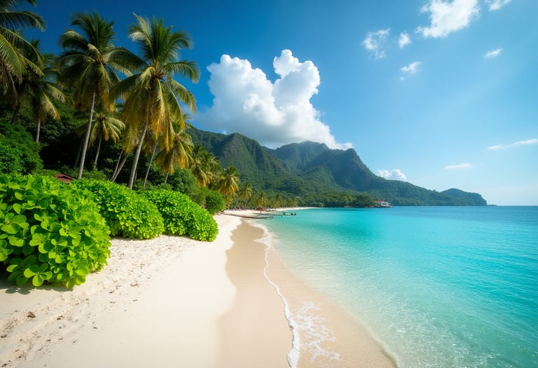 A deserted beach with mountains