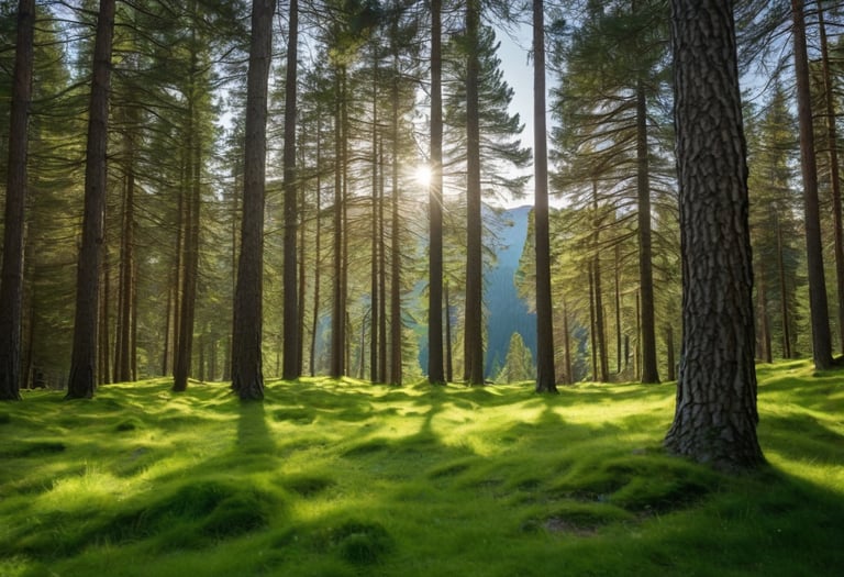 A pine tree forest with green grass and hill in the background.