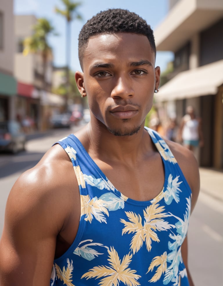 A black man wearing a floral t-shirt standing in the street.