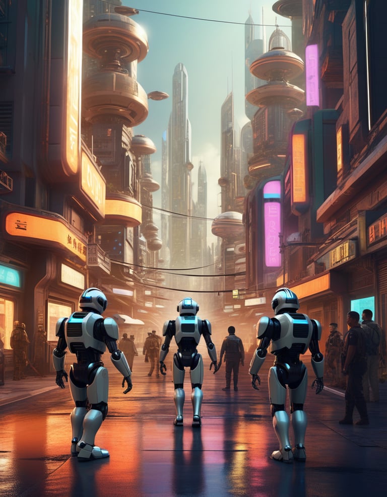 Three police robots in a futuristic city
