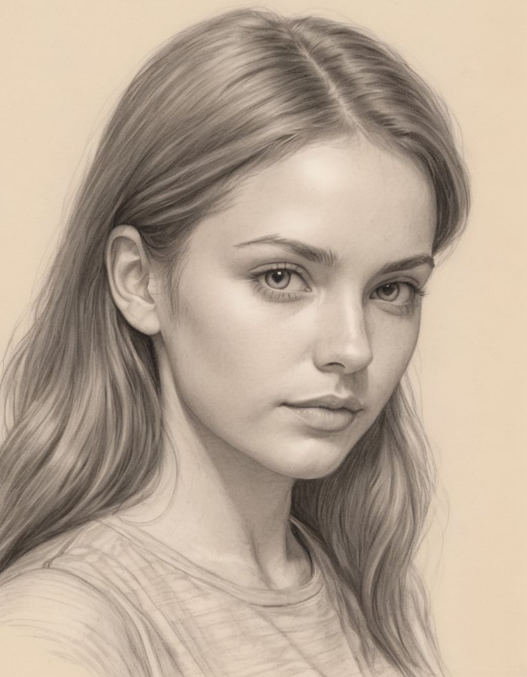 A pencil drawing of a young woman with long blond hair.