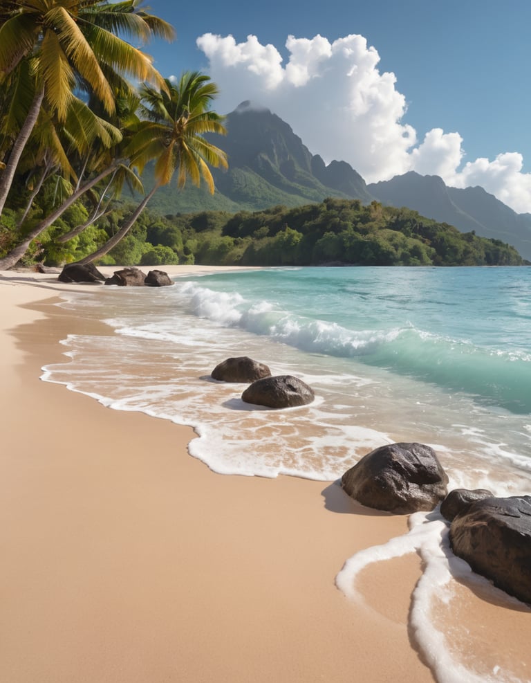 Small waves on a beach with rocks and mountains