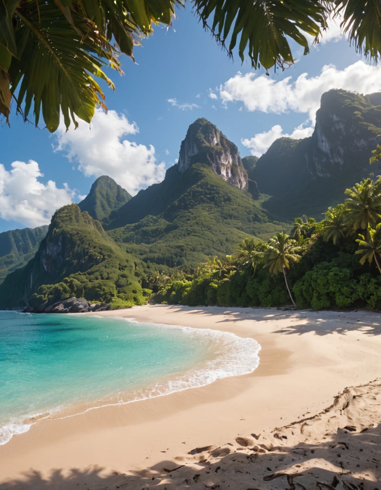 A deserted beach and mountains