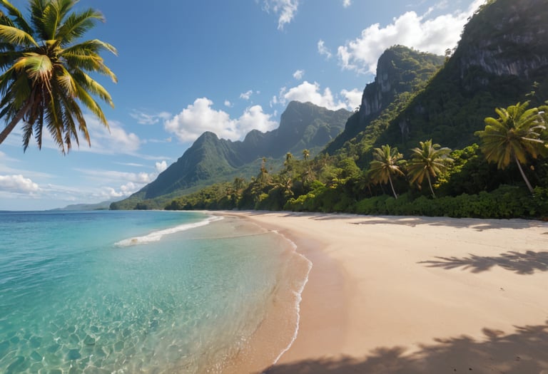 An i9mage of a deserted beach and mountains
