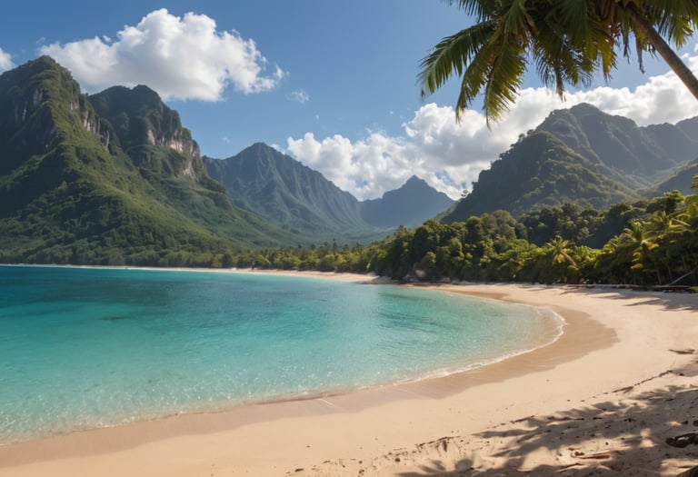 An image of a deserted beach and mountains