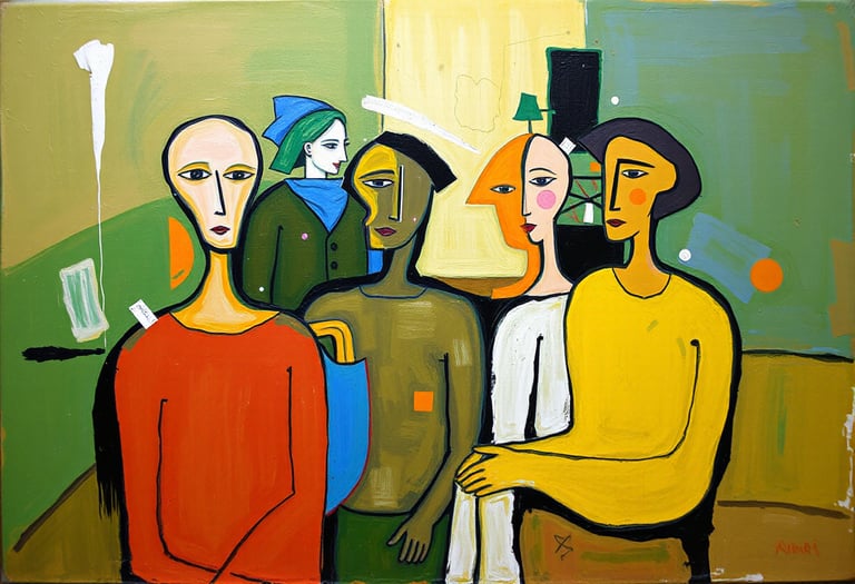 An abstract painting of a group of people standing together